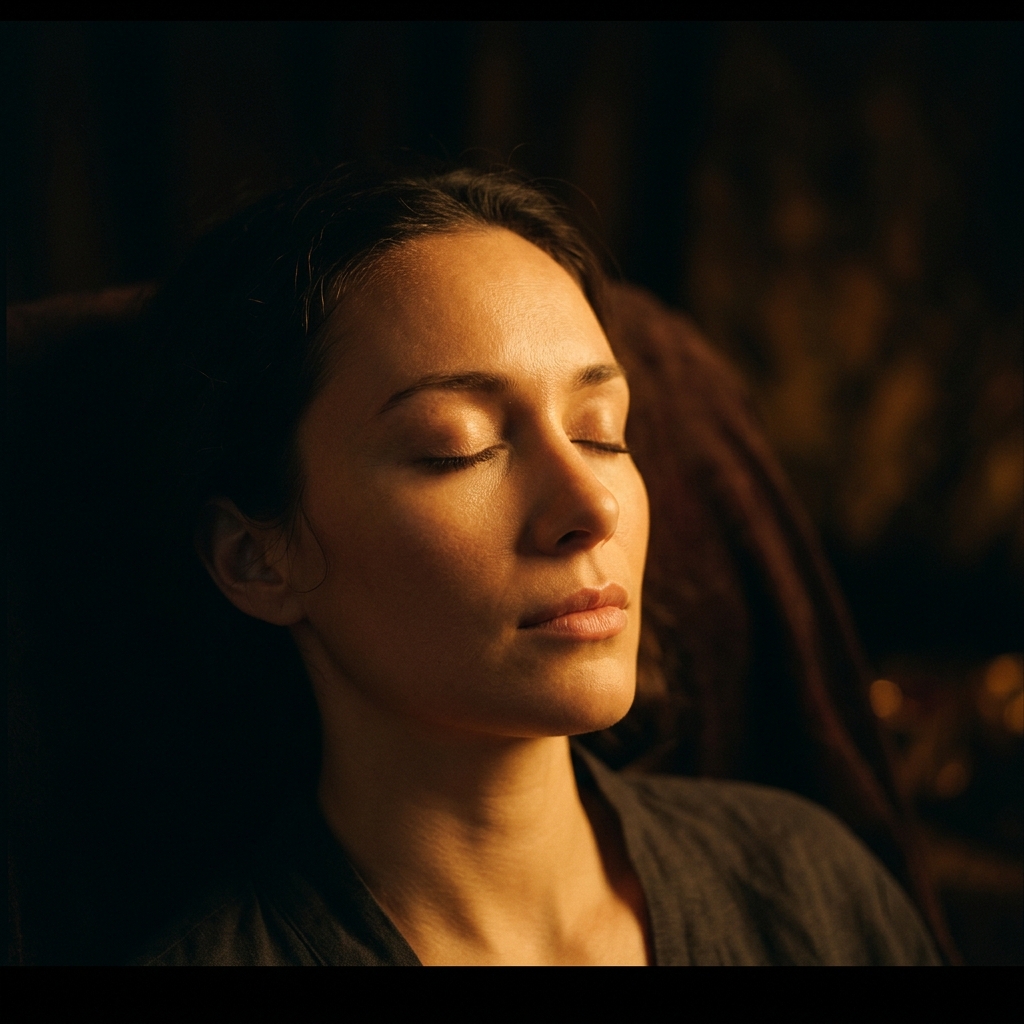 A serene woman with eyes closed in golden light, deeply at peace during a Reiki healing session