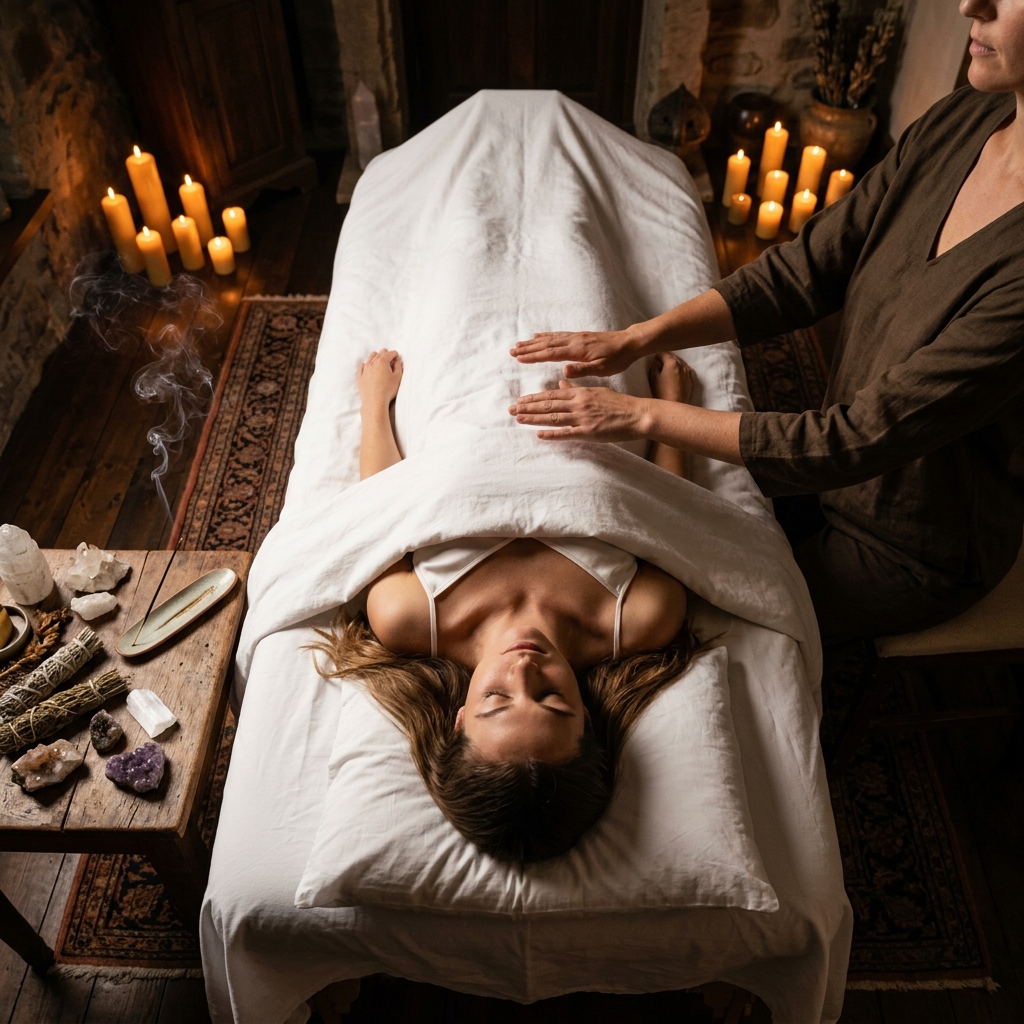 Overhead view of a Reiki healing session with candles and crystals