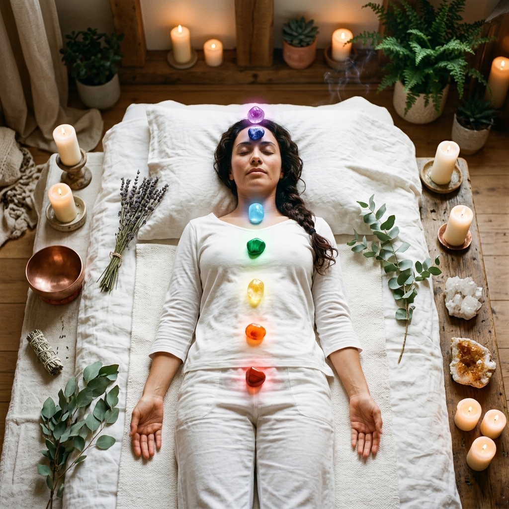 Chakra alignment session representing distance healing and remote energy transmission