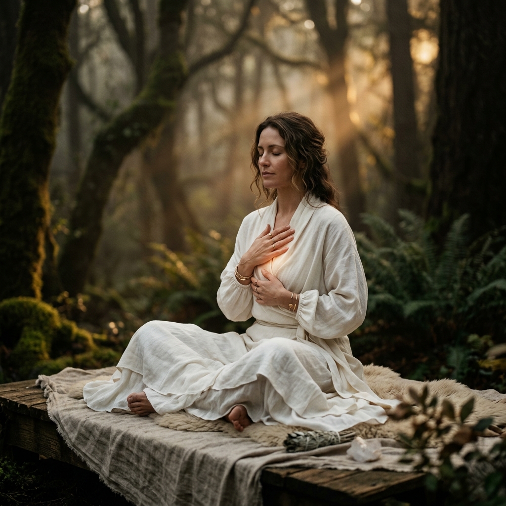 A woman in white linen performing a Reiki self-healing session in a misty forest at golden hour