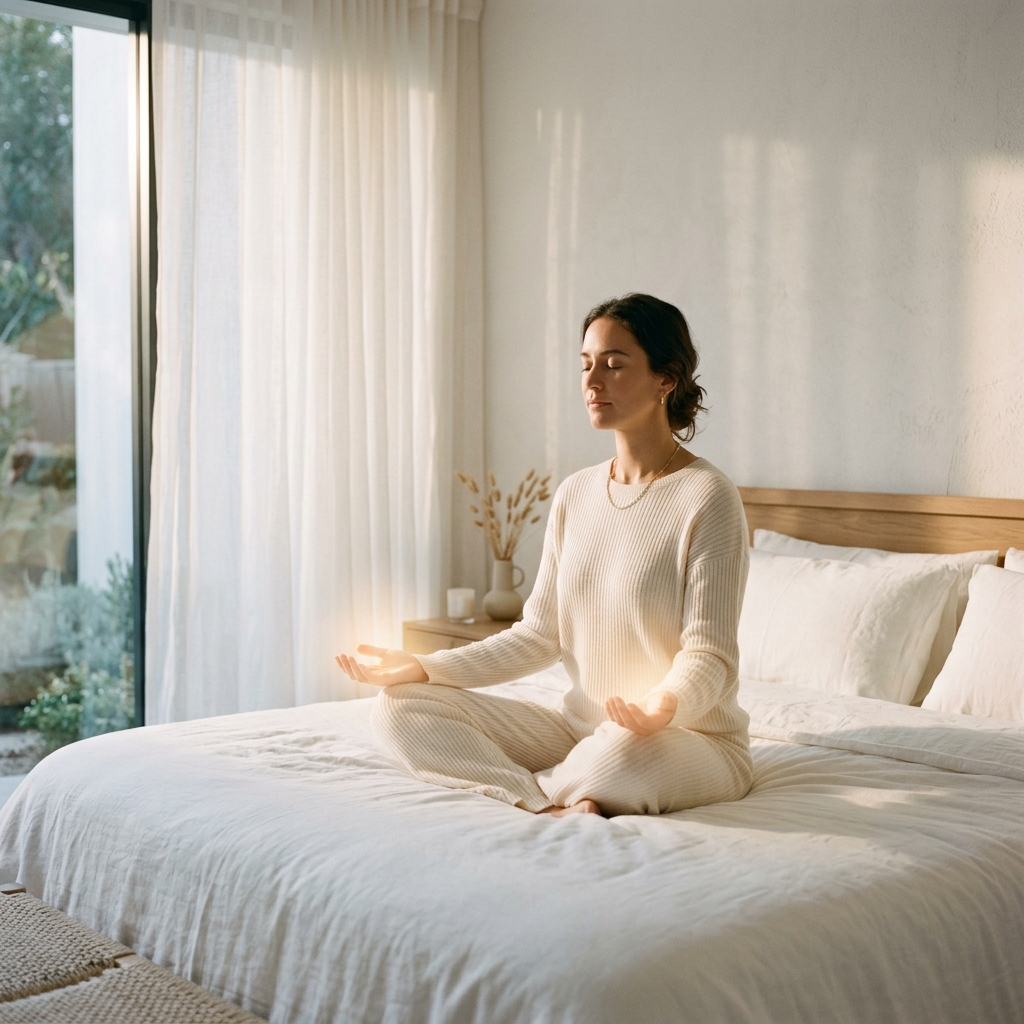 Woman meditating in serene white bedroom for distance Reiki healing
