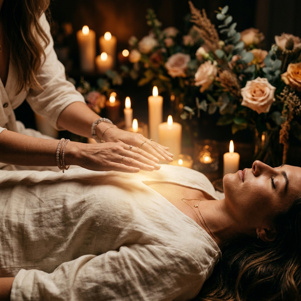 One-on-one Reiki healing session with glowing energy between healer's hands