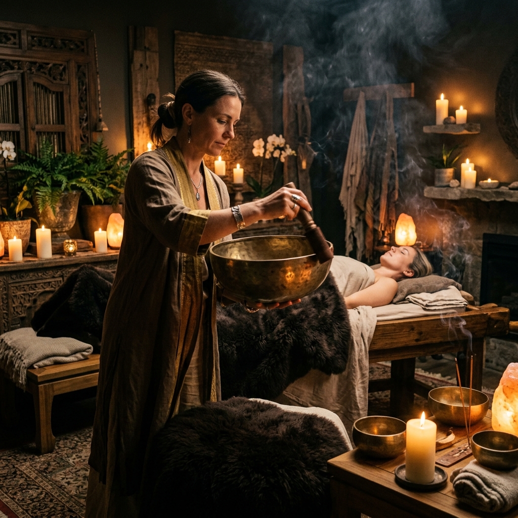 Sound healing Reiki session with Tibetan singing bowls in candlelit sanctuary