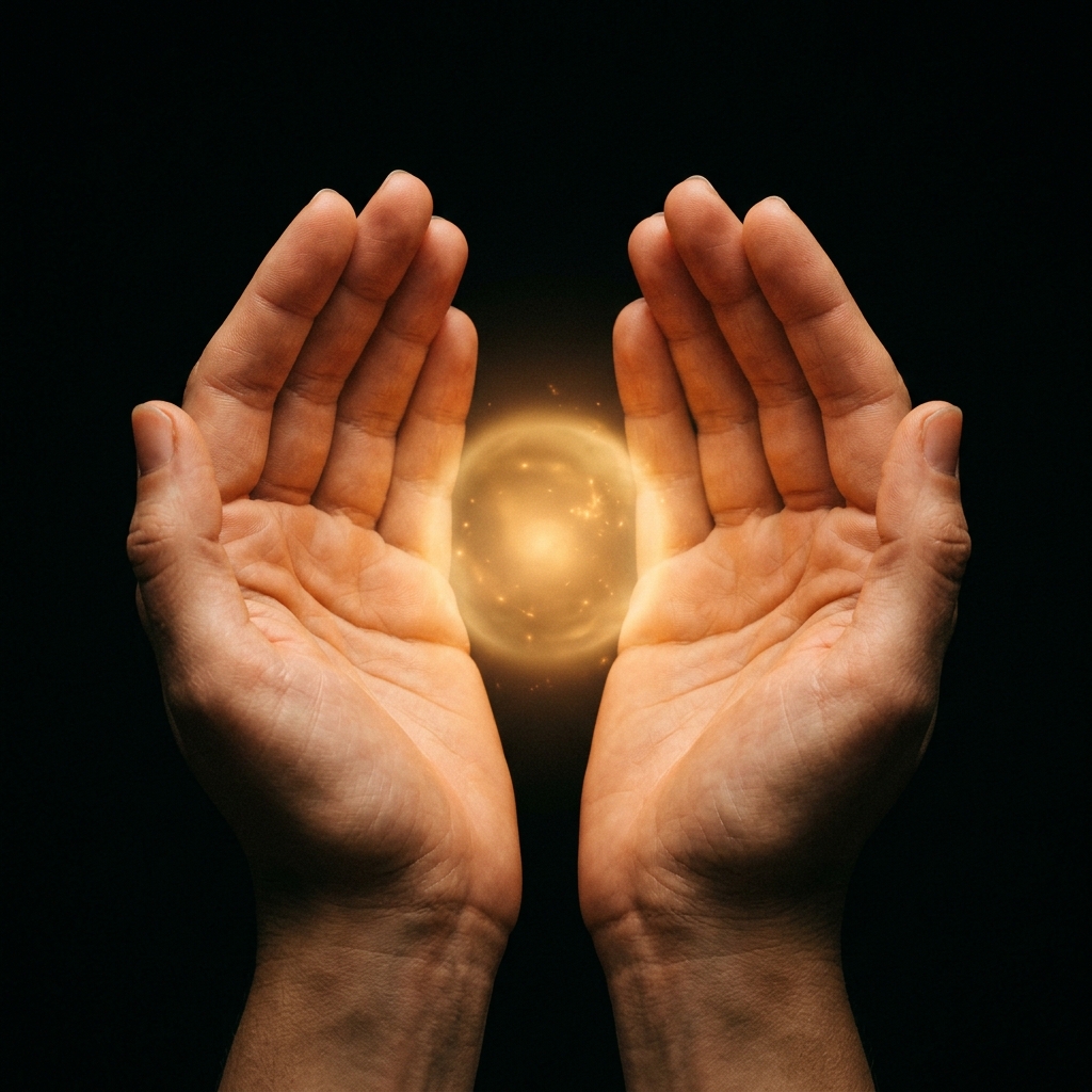 Two hands facing each other with a golden orb of healing energy glowing between the palms