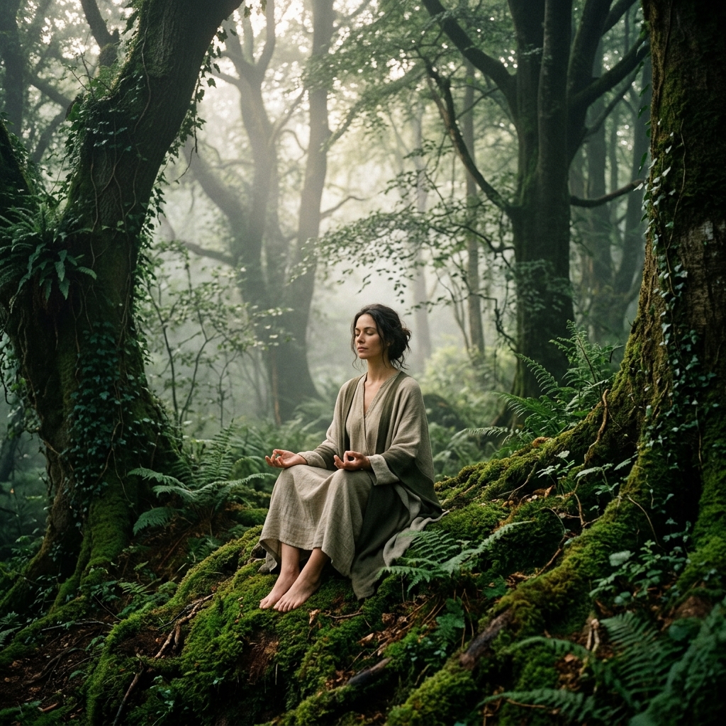 Woman meditating barefoot on mossy earth in a misty ancient forest, deeply grounded