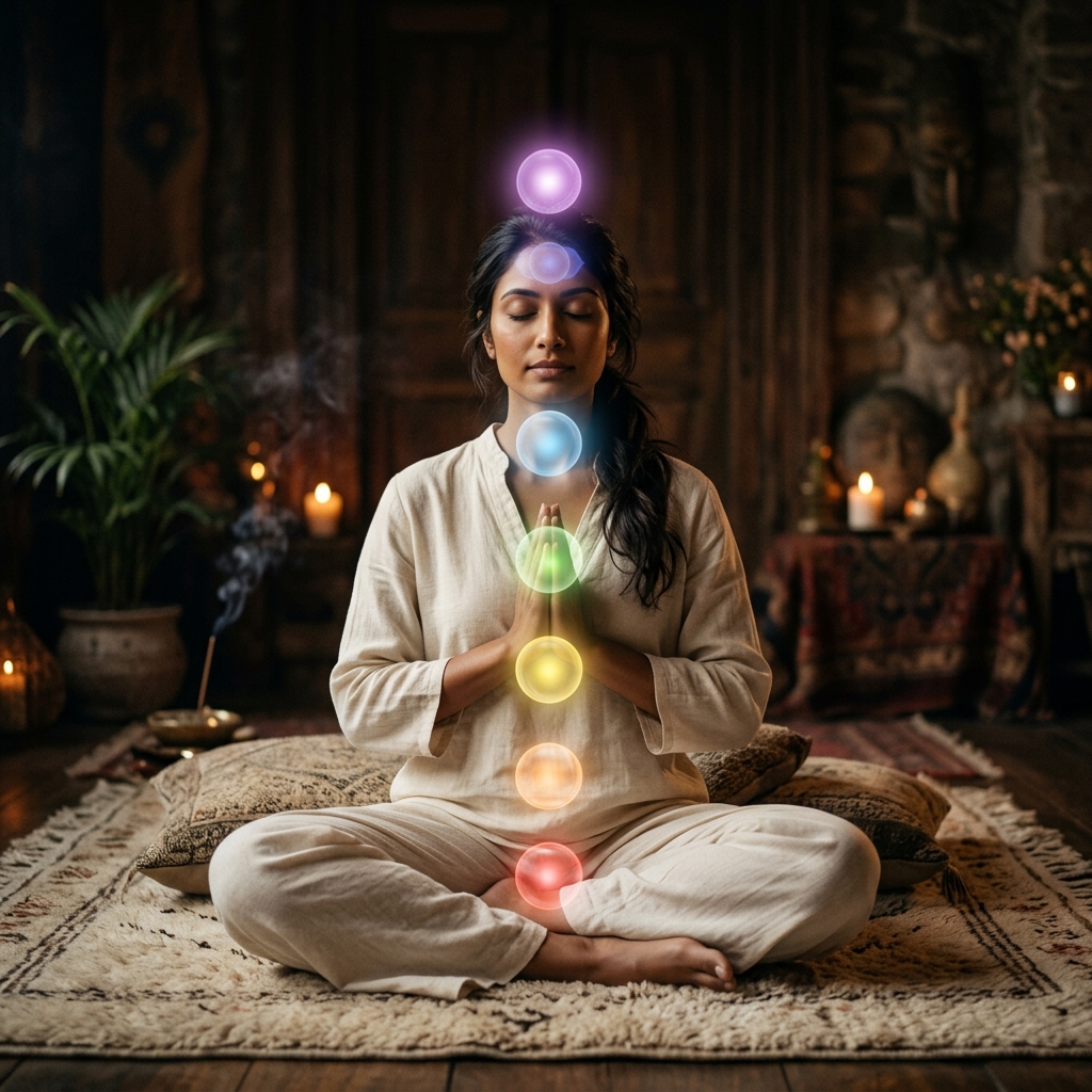 Woman in meditation with seven glowing chakra energy centres aligned from root to crown
