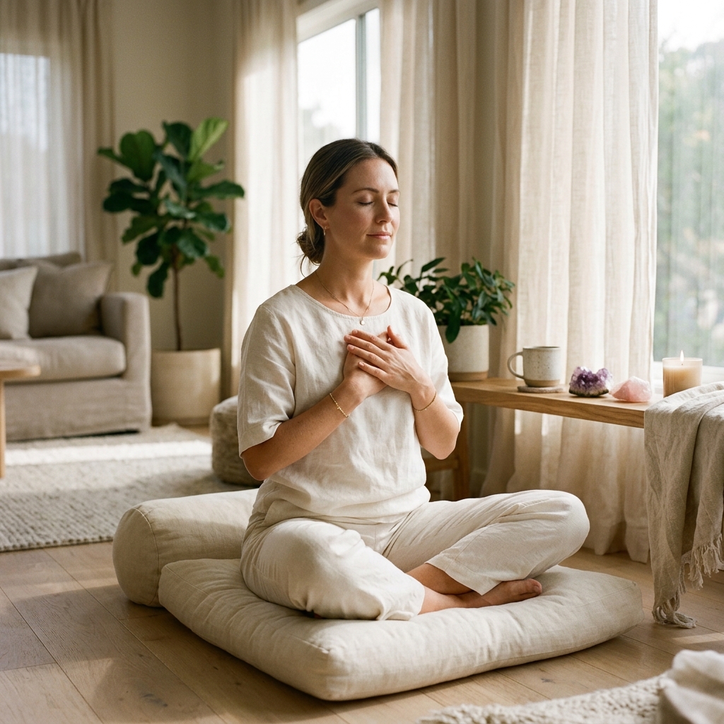 Woman doing self-Reiki with both hands over heart in a serene morning light setting