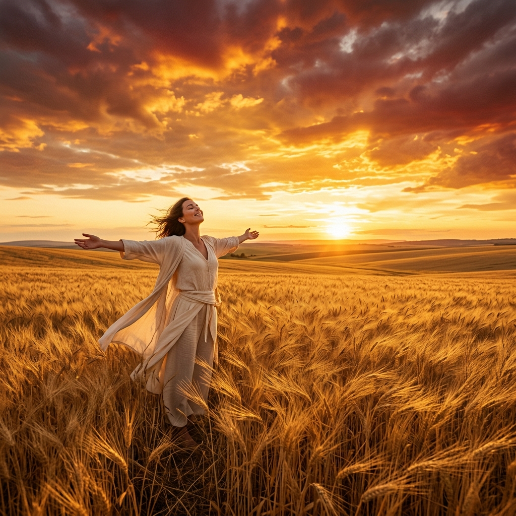 A woman with arms outstretched wide in a vast golden wheat field at sunset — completely free and transformed